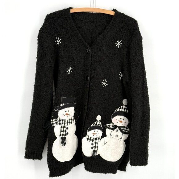 Vintage Black Snowman Cardigan Sweater Button-Up Large‎ 40% Cotton 60% Polyester - Picture 1 of 6